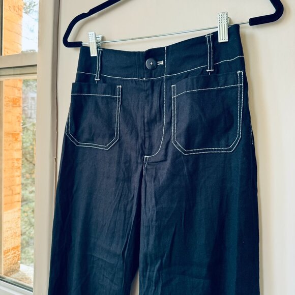 New Anthropologie The Colette Linen Crop Wide-Leg Pants Maeve Navy Contrast 26 - Picture 4 of 12